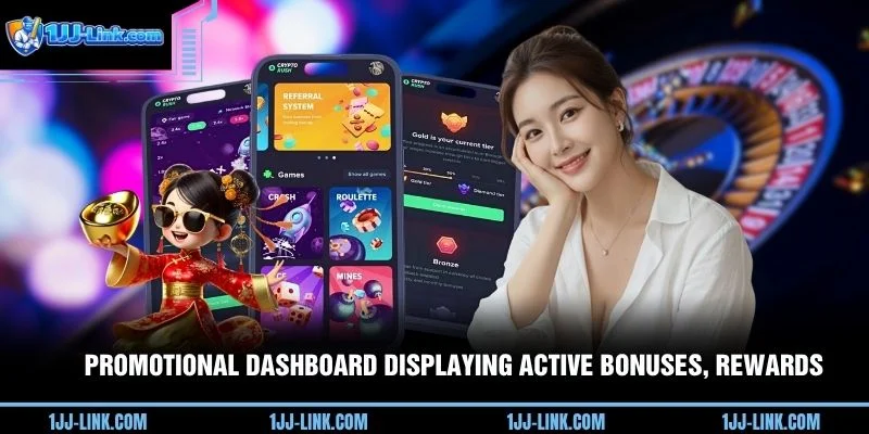 Promotional dashboard displaying active bonuses, rewards